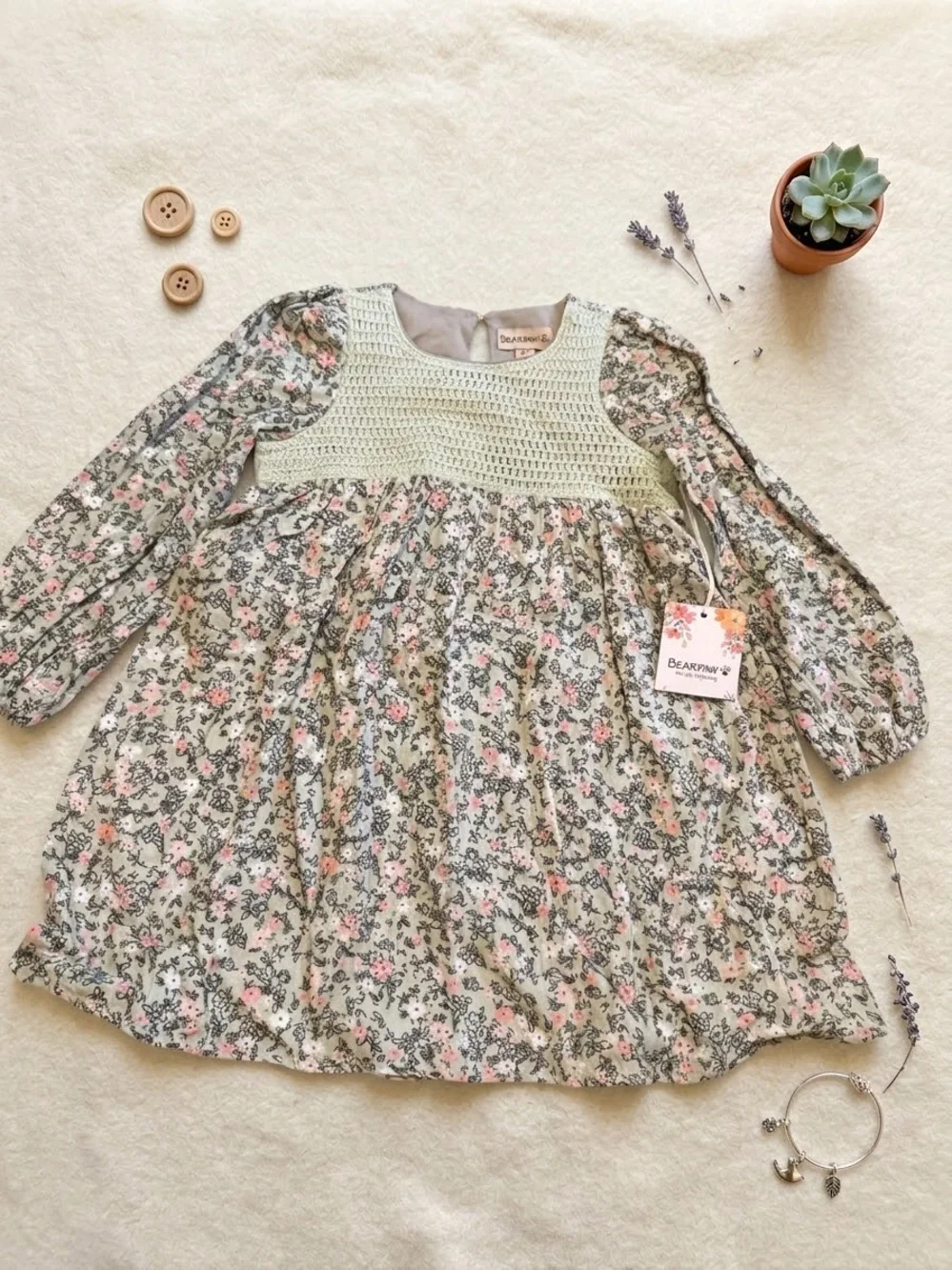 BEARPAW Sage Green Floral Long-Sleeve Dress